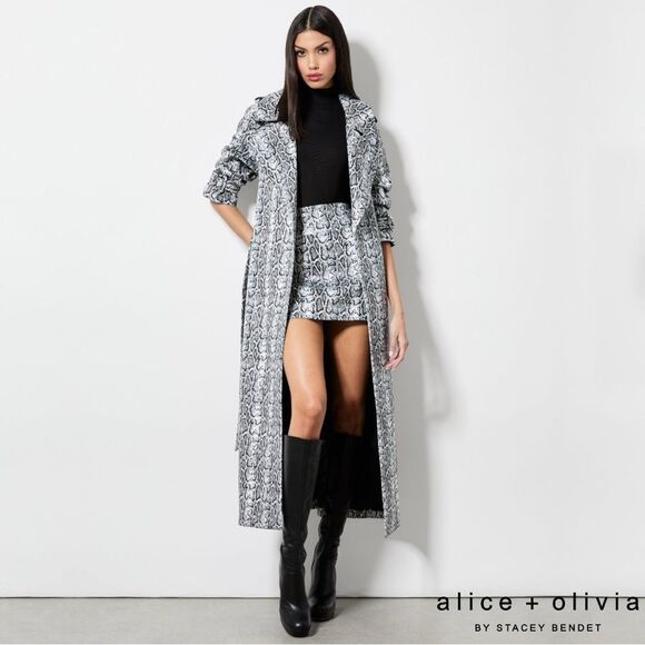 Alice + Olivia **NWT** Jarrett Vegan Leather Trench In Off White/Black Python - Picture 3 of 7